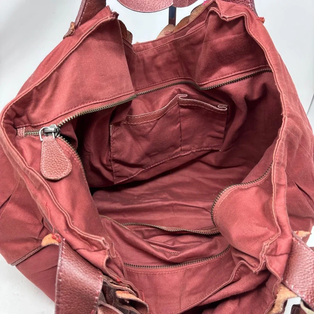 Lucky Penny Hobo Shoulder‎ Bag Cotton with Red Leather Leaf Accent Anthropologie
